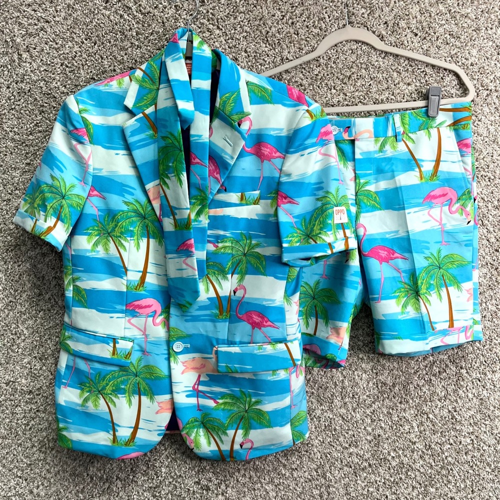 OppoSuits Suit Set‎ Men's 38 3-Piece Summer Flaminguy Blue Flamingo Palm Tree